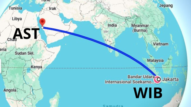 Perbedaan waktu AST dan WIB, Indonesia. (google maps)